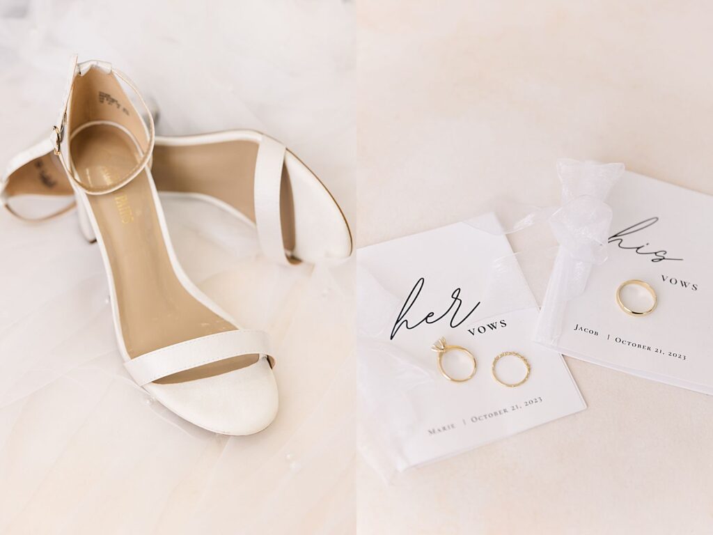 Bridal shoes and couples vow books on wedding day