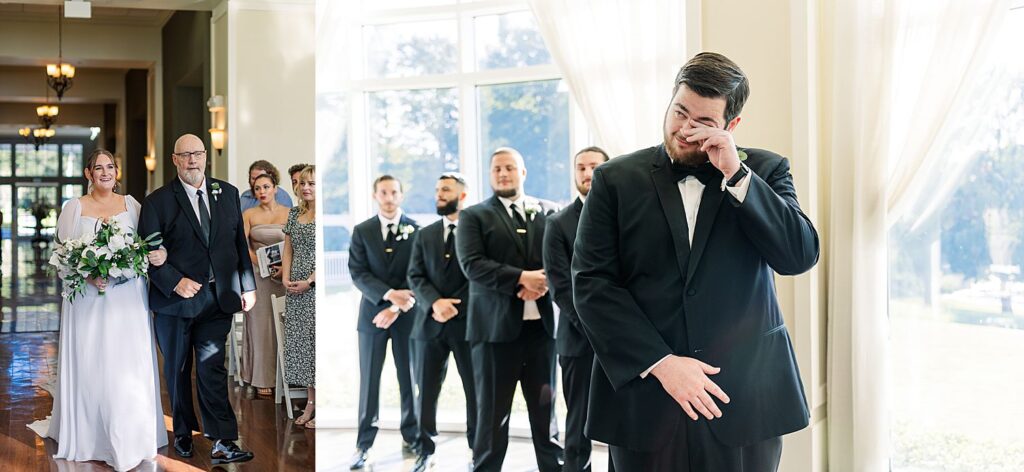 grooms reaction to bride walking down the aisle with her father at wedding