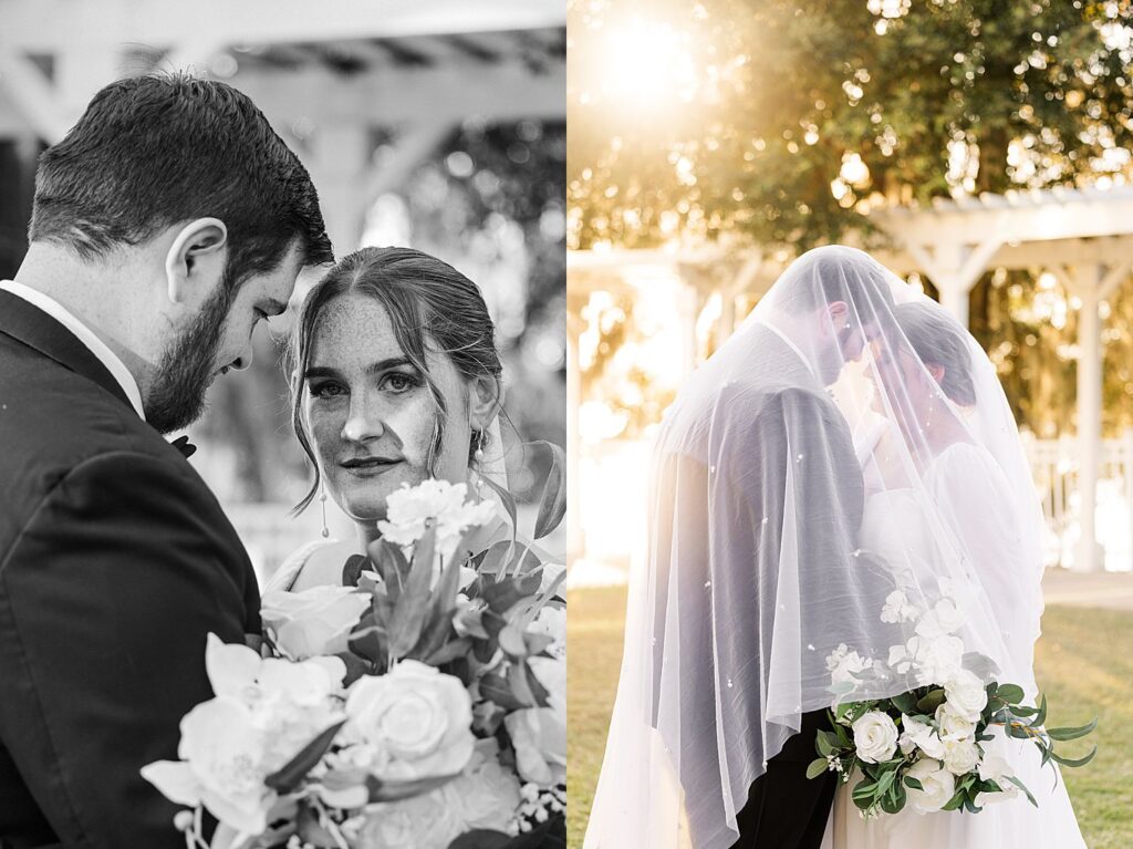 bride and groom portraits at sunset with veil