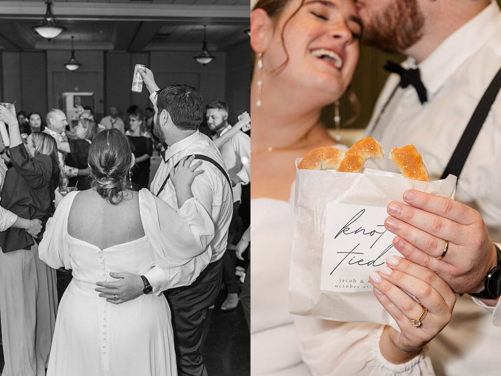 bride and groom cheering reception party and enjoying pretzel together