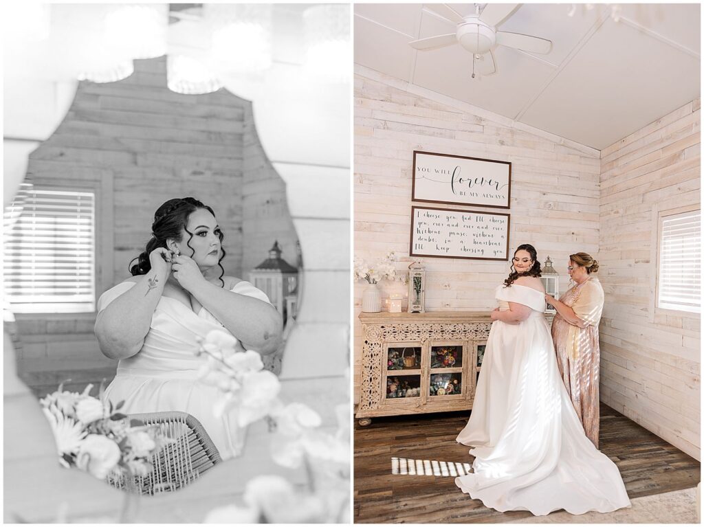Bride getting ready for wedding day with mom