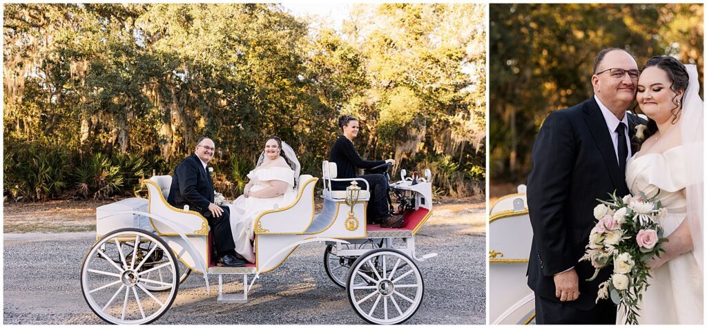 Bride arriving in carriage at wedding ceremony