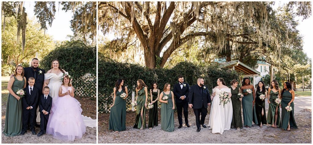 Wedding party walking and laughing together