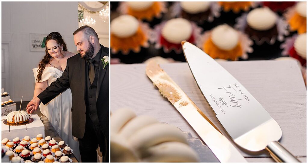 Bride and groom cutting wedding cake