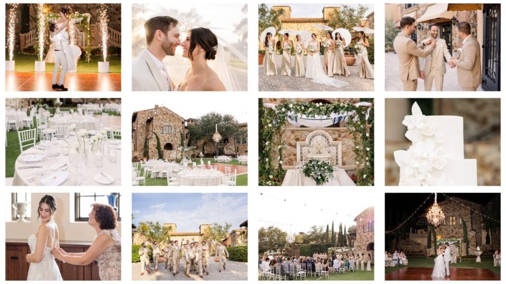 Bella Collina wedding photography collage featuring ceremony moments, bride and groom portraits, wedding party, reception details, and romantic evening celebrations in Orlando Florida