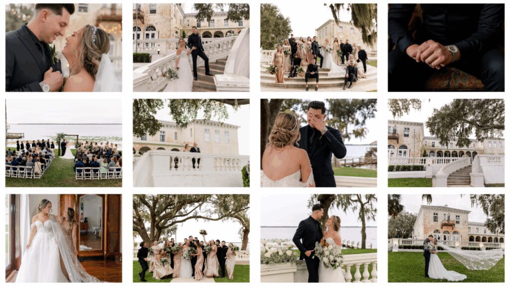 Bella Cosa wedding photography collage featuring bride and groom portraits, wedding party, waterfront ceremony, emotional moments, and venue details in Orlando Florida