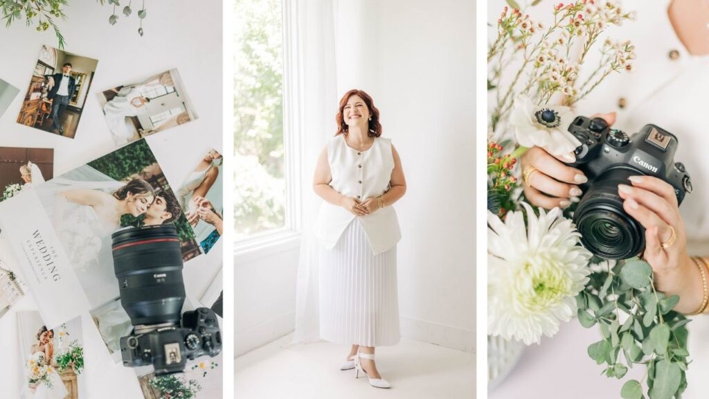 Wedding photographer based in Orlando Florida posing in a light filled studio with camera, florals, and wedding imagery